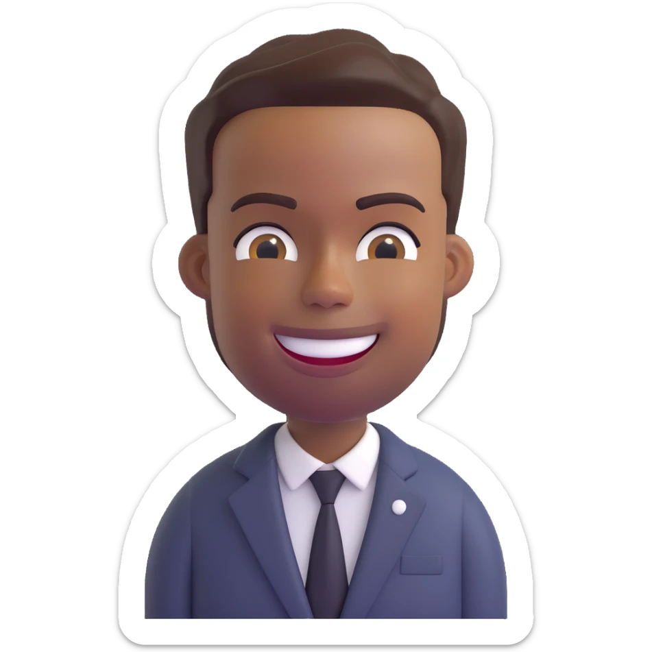 3D emoji of Chris Rock, smiling, expressive face, short hair, brown skin, wearing a suit, Microsoft 3D Fluent emojis style sticker
