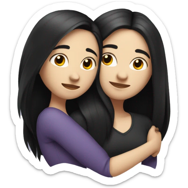 A lesbian couple with white skin and long black hair hugging intimately sticker