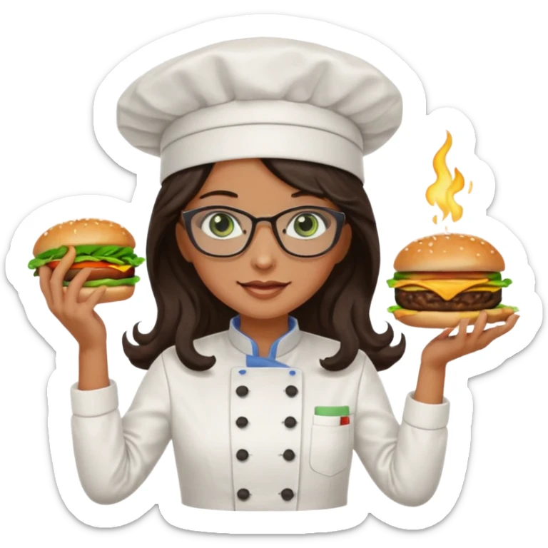 A female chef with glasses, dark brown long wavy hair, Green eyes and cooking a burger sticker