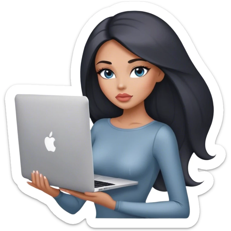 Glamours, tanned, very beautiful girl, with big pump peach-beige-rose lips, black straight smooth silky long hair, straight parting, blue-grey eyes, in grey bodysuit holding MacBook sticker