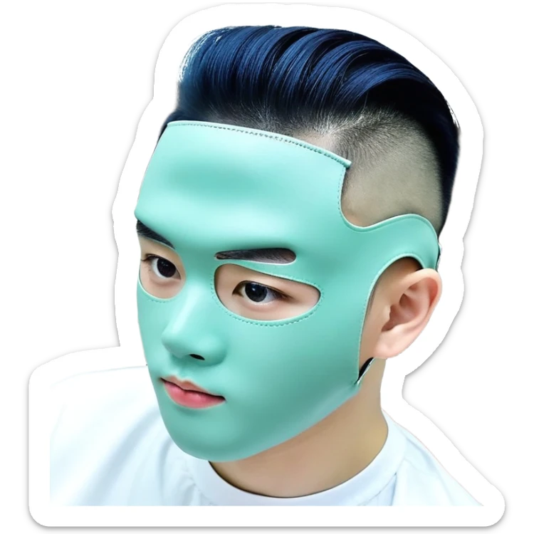 Nam 15 tuổi, da trắng, tóc under cut màu xanh lá cây vuốt ngược ra sau, mắt đen, áo khoác da màu cam , bên trong mặc áo cộc tay màu trắng, đeo khuyên tai màu bạc, mặt ngầu sticker