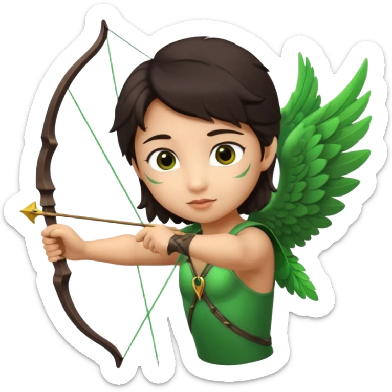 cupid flying with wings asian with brown eyes and dark hair handled bow and arrow directed to green emoji heart sticker