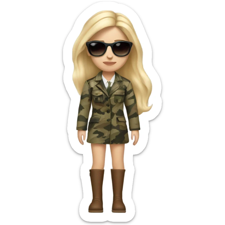 Realistic White girl with Long blonde hair and round sunglasses, camouflage Wool oversize blazer, mini dress and Brown leather boots  sticker