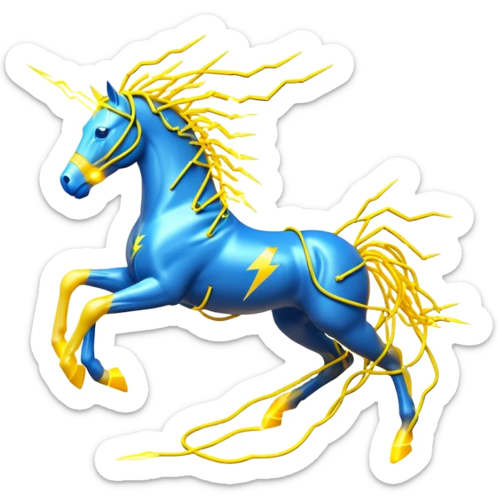 3D yellow electric horse made of lightning bolts, yellow electric wires, blue electricity sparks, dynamic running pose sticker