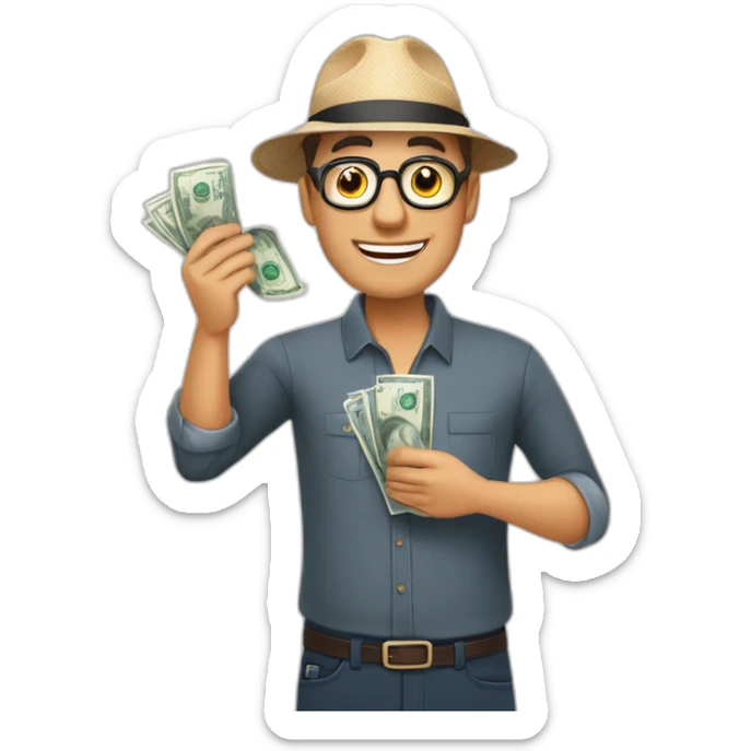 HOMBRE DE LENTES DE TEZ MORENA SOSTENIENDO BILLETES EN SU MANO sticker