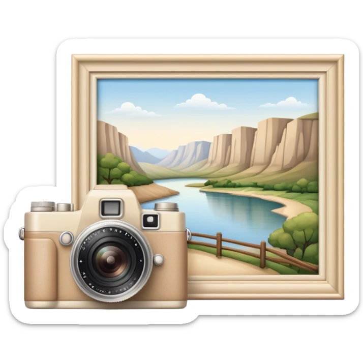 A beige camera and next to it a landscape photograph of the frame behind the camera sticker