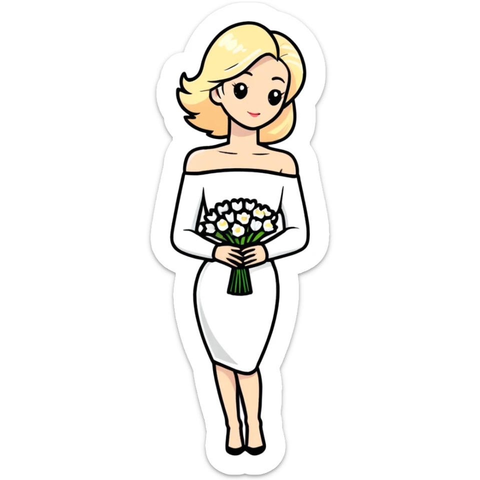 blonde woman in a white off-shoulder dress with long sleeves and a bouquet of white flowers in a white bag in her right hand sticker