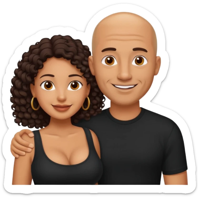 A picture of a happy tanned couple. the man is a Mexican man with tanned skin, a bald hair cut, short beard and wearing a black shirt. the woman is mixed, with long curly dark brown hair and with big boobs  sticker