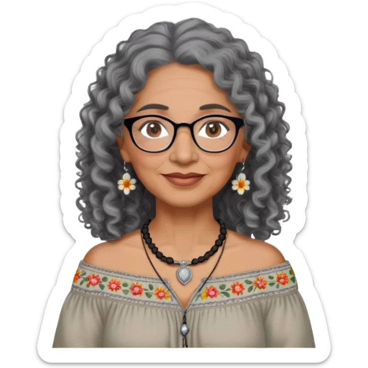 Latina woman, about 55 years old, dark warm brown skin, round soft face, long curly black and gray hair, no headband, medium eyes, thin eyebrows, gentle smile, delicate eyeglasses, gray peasant blouse with embroidery, bare shoulders, large dark necklace sticker