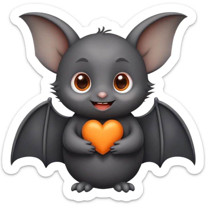 A cute little emoji featuring an adorable bat with big round eyes and a soft smile. The bat is holding an orange heart between its small folded wings. Its fur is dark gray or black with slightly pointy, expressive ears. The image should be cute and simple, with a clean, emoji-like style. sticker