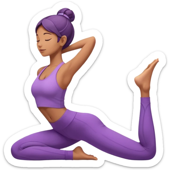 	A woman in purple yoga clothes arching her back in cobra pose, glowing warm light, relaxed energy, soft background. sticker