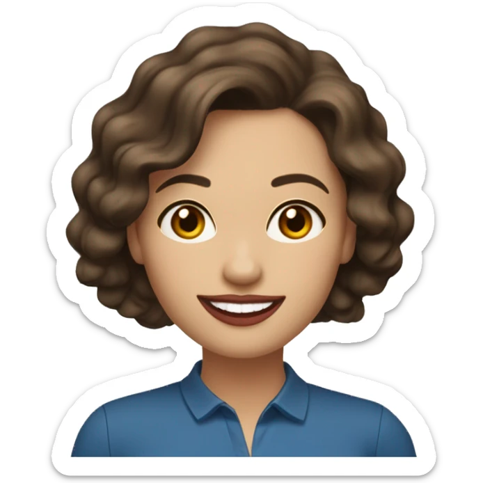 A headshot of a cheerful woman in her 30s with light skin, shoulder-length wavy dark brown hair, and a round face with prominent cheekbones. She has hazel eyes, full lips with red lipstick, and a warm, friendly smile. She's wearing a blue shirt. sticker