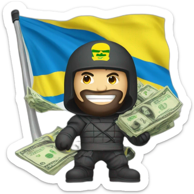 Che A man in a ninja suit with an inscription with cam surrounded by money and with the flag of Ukraine sticker