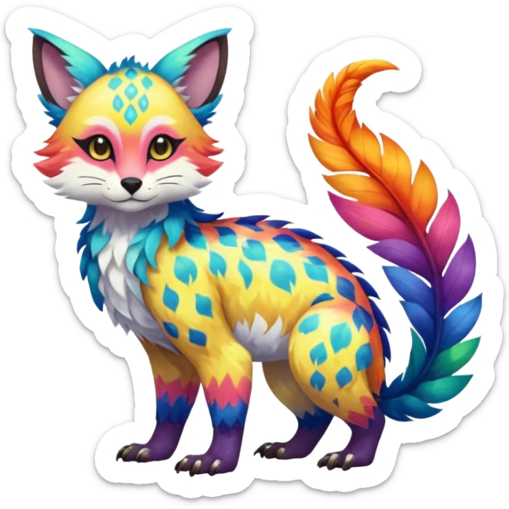 Colorful tropical exotic shiny beautiful fantasy-Trico-Cacomistle-oncilla-animal-Fakémon-hybrid-fursona (full body) sticker