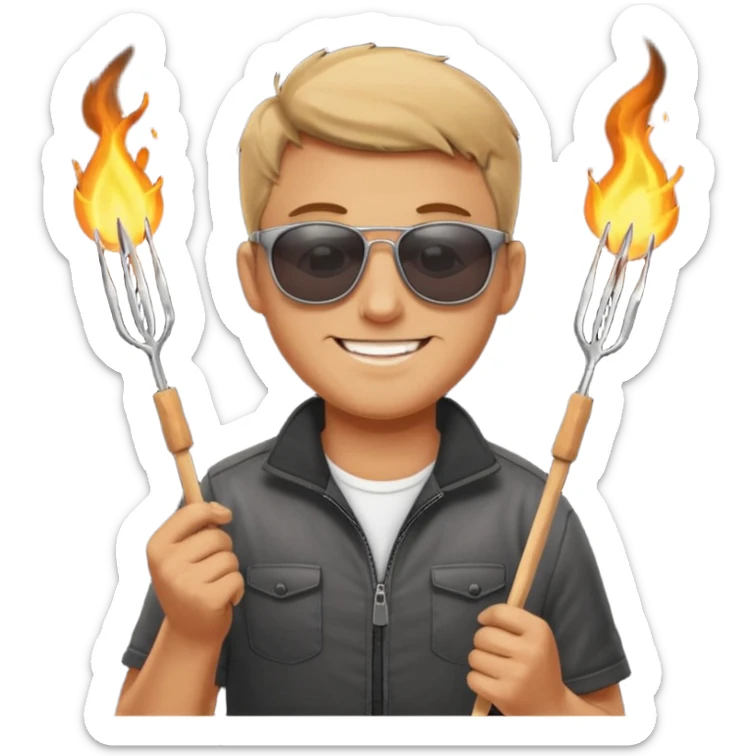 A guy in sunglasses holding tongs, proudly turning skewers over glowing charcoal. sticker