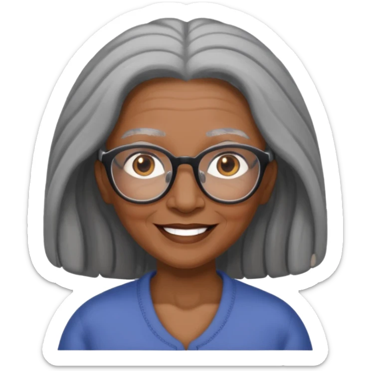 emoji of a black grandma with long hair that reaches past shoulder black and gray hair with glasses and brown eyebrows sticker