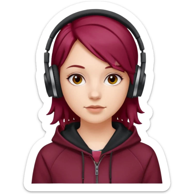 white girl with burgundy hair, deportive hoodie and black headphones sticker