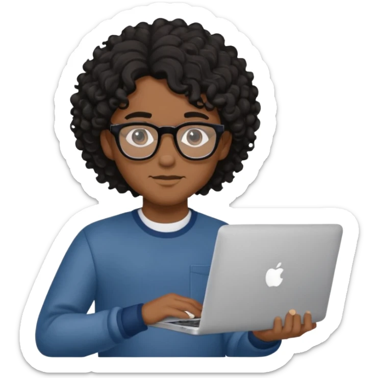 guy with wavy kinda curly black hair and skin tone a little bit brown and glasses, with a macbook sticker