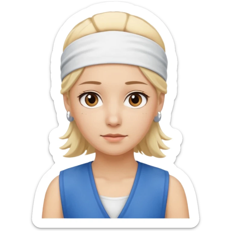 A 3D avatar of a blonde woman, who has brown eyes, is wearing a blue vest and a white headband on her head. She is looking straight at the camera. sticker