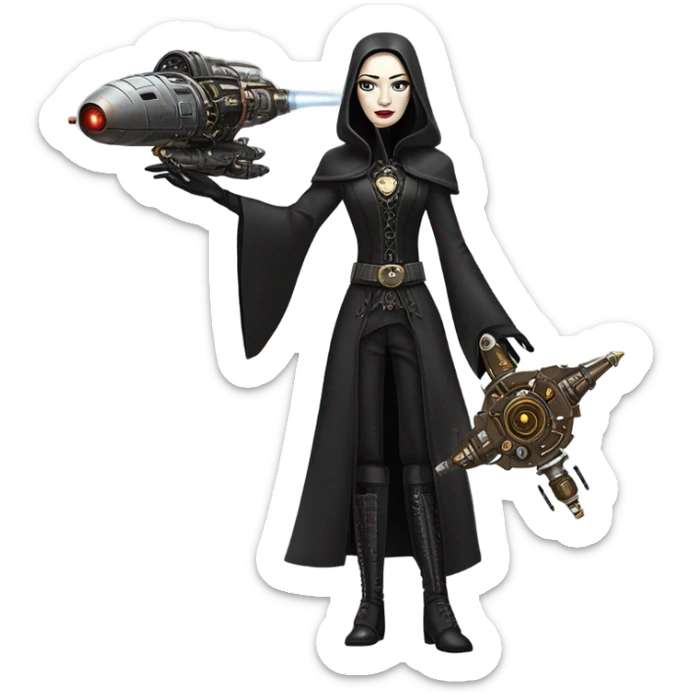 Jedi teen Morticia Addams flying a Jumpspeeder anti-gravity repulsorlift powered by an imperial speeder steampunk  sticker