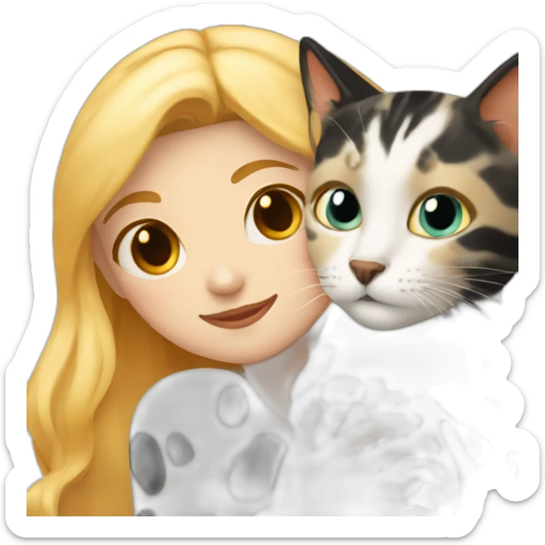 blonde-haired woman cuddling with a white and black and orange spotted cat sticker
