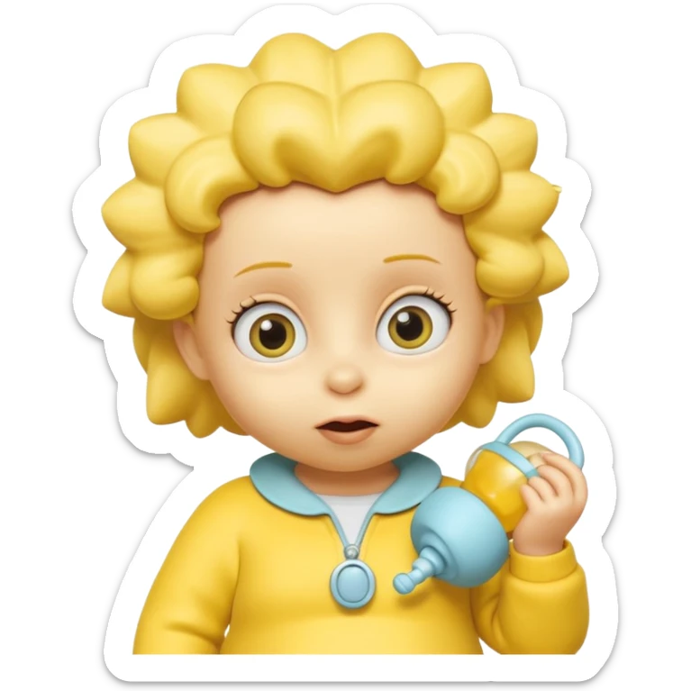 A 3D cartoon baby character entirely yellow, styled like Maggie Simpson, with pacifier, yellow onesie, big eyes, smooth shading, Memoji-style rendering, consistent with other yellow Simpsons characters. sticker