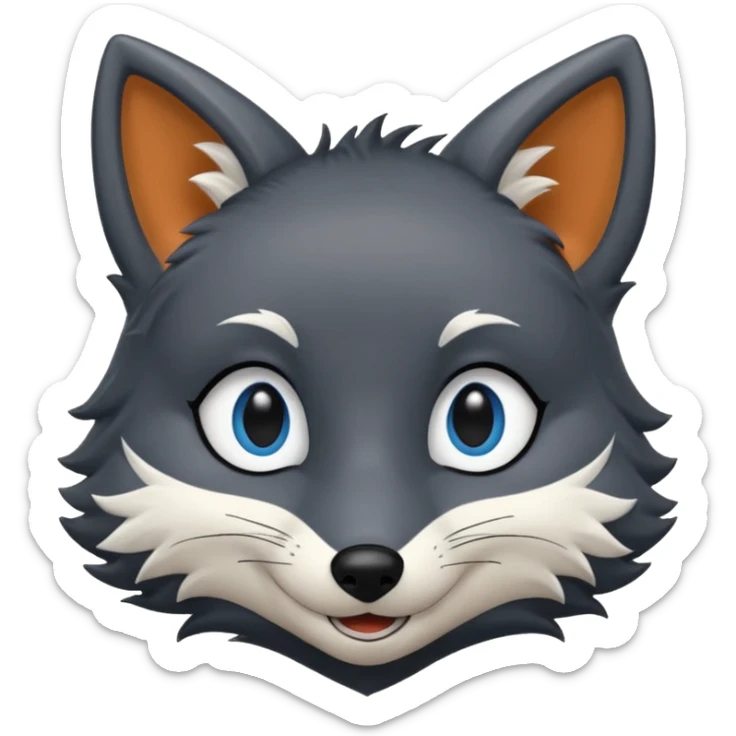 Grey furry fox with a black coat, blue eyes, and a small fringe of black hair, smiling sticker