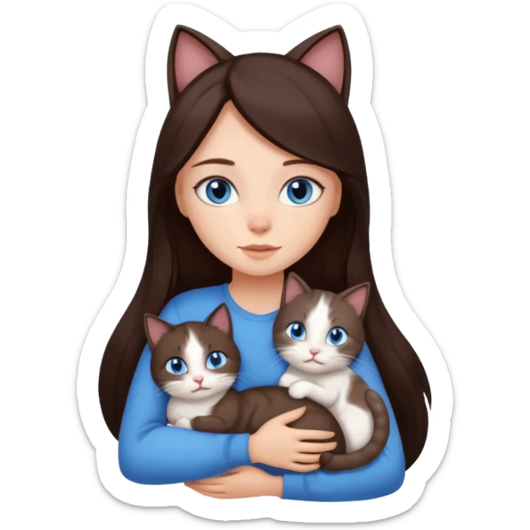 a girl with long dark 
brown hair, with blue eyes, hugs 3 different natural coloured cats sticker