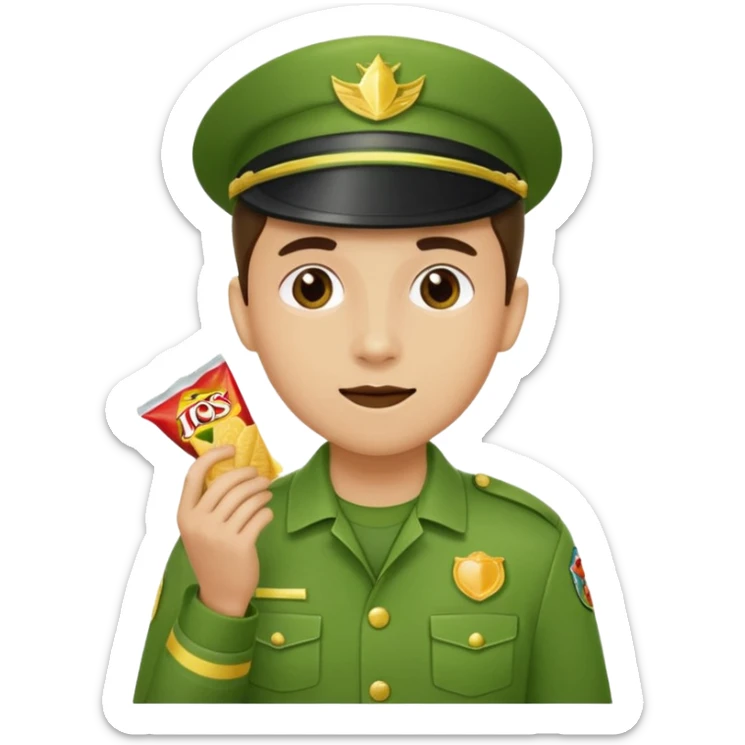 supermarket collegue wearing a green uniform and eating a packet of crisps sticker