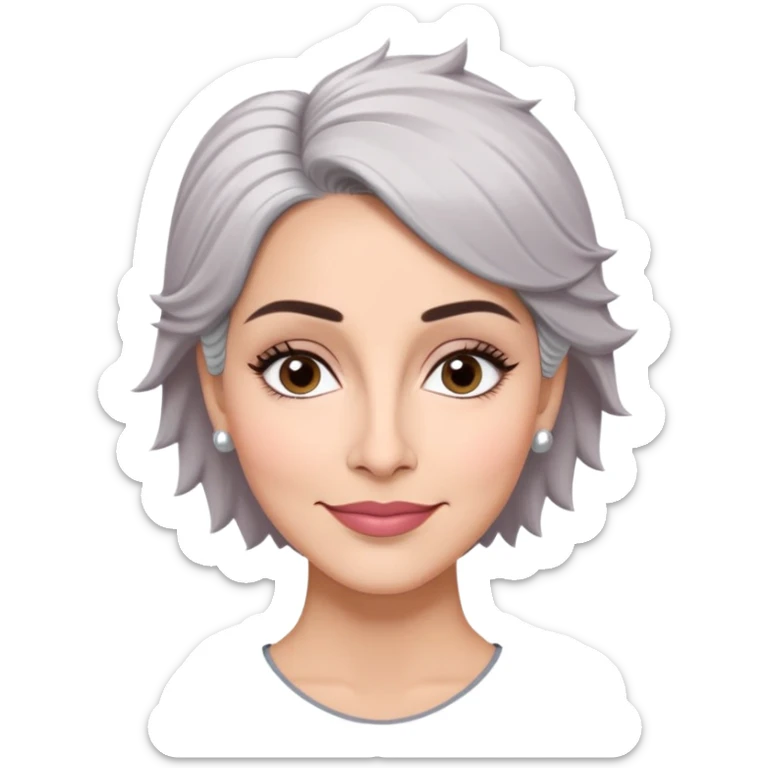 Puerto Rican actress Marian Pabón with elongated face, light pinkish skin, almond-shaped expressive eyes, straight nose, well-defined lips with wide smile, arched eyebrows, pronounced cheekbones, short spiky gray hair like a man's cut sticker
