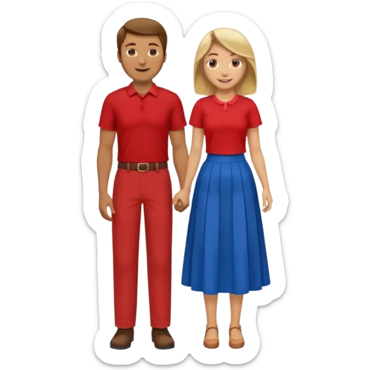 Two people dancing. Man in red shirt and  red pants with brown hair. Women in blue shirt and long skirt with blond hair. Having fun. sticker