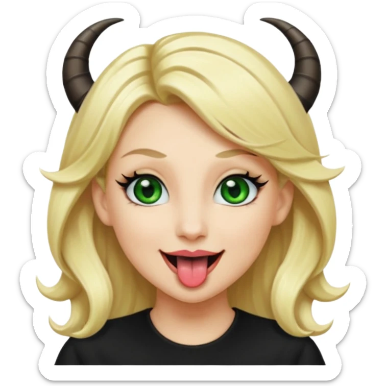 Emoji femme blonde habillée en noir cheveux blond, yeux vert avec de long cils noir qui tire la langue et à des cornes  sticker