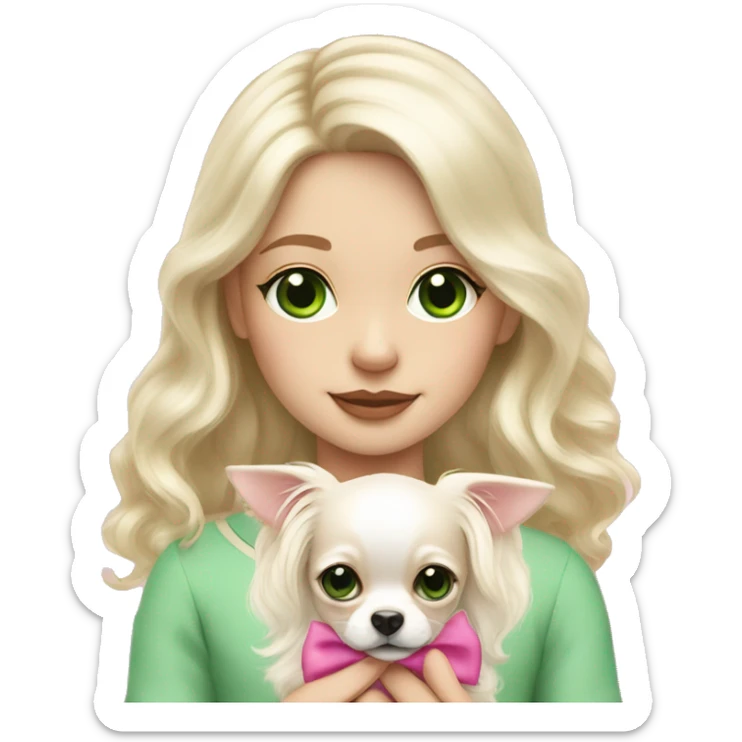 pale blond girl with wavy long platinum hair with green eyes holding a white chihuahua puppy that wearing a pink bow sticker