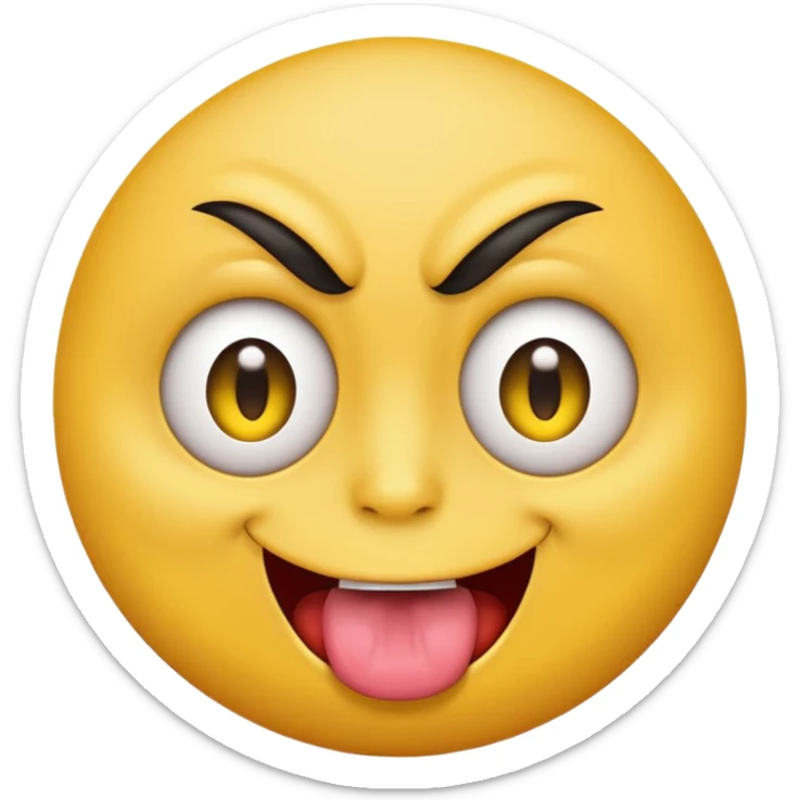 A yellow round face emoji smirking with its tounge out but the eyes are evil and kind of crazy and only one eyebrow is raised higher than the other sticker