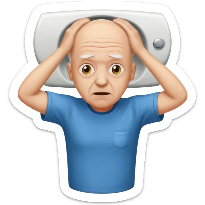 A bald person who’s very old is staring, he’s inside a toilet and his head is upright and looking at the camera with very wide eyes and his hands are putting pressure on his head, very scared expression and he’s twerking sticker