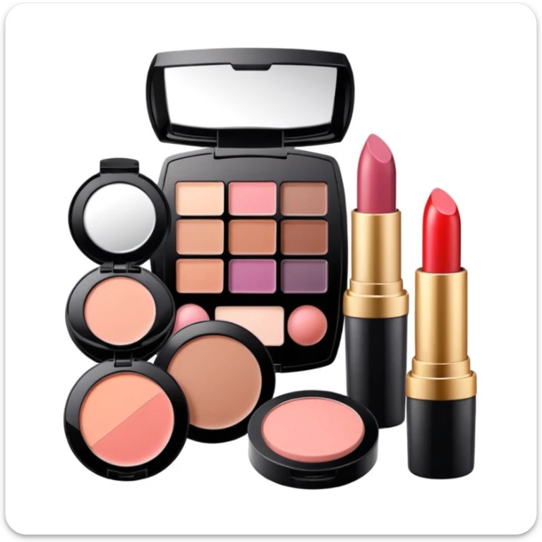makeup products all together in one piece of png, lipstick, blush, powder, etc sticker