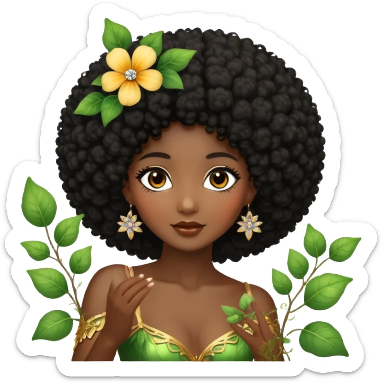 Dreamy diamond nature fairy with brown eyes Afro black hair dark skin touching a flower vine and rhinestone dancing sticker