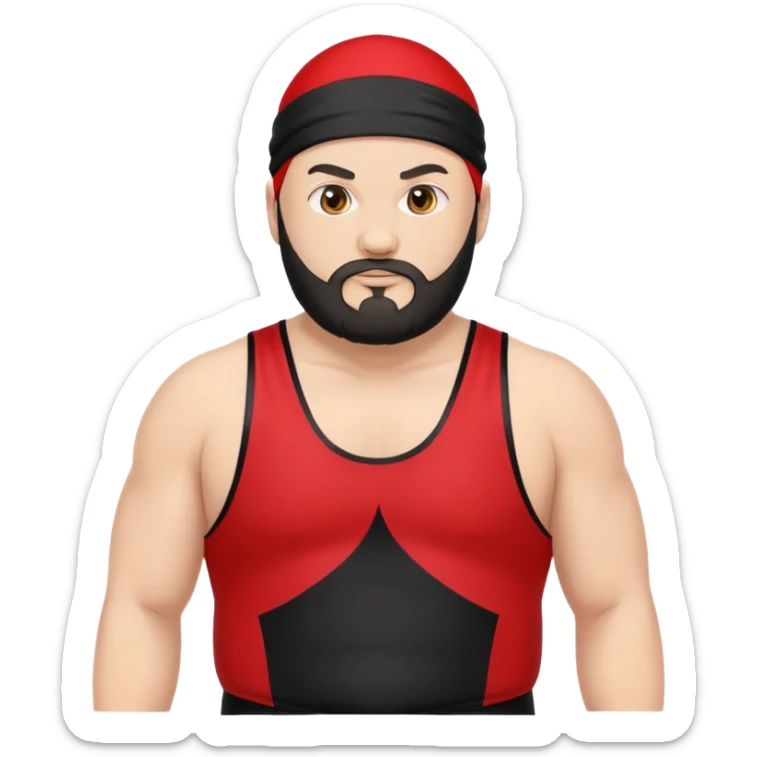 White skin fat guy with black durag and black beard in a red and black wrestling singlet sticker