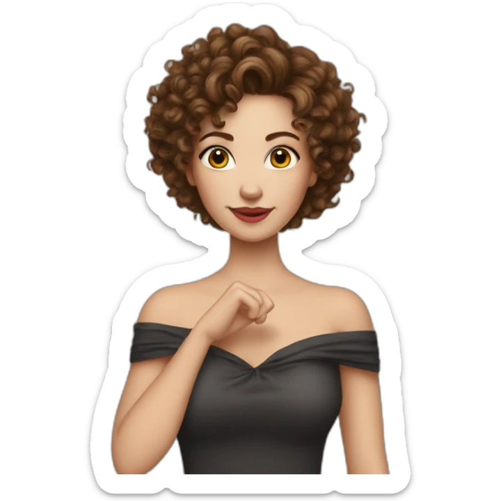 white woman-designer with brown curly hair, wears Off Shoulder Batwing Tank makes heart with her finger sticker