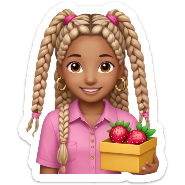a girl named samaya with light brown, skin box braids, brown eyes, pink shirt, that has a strawberry on it small gold hoop earrings, sticker