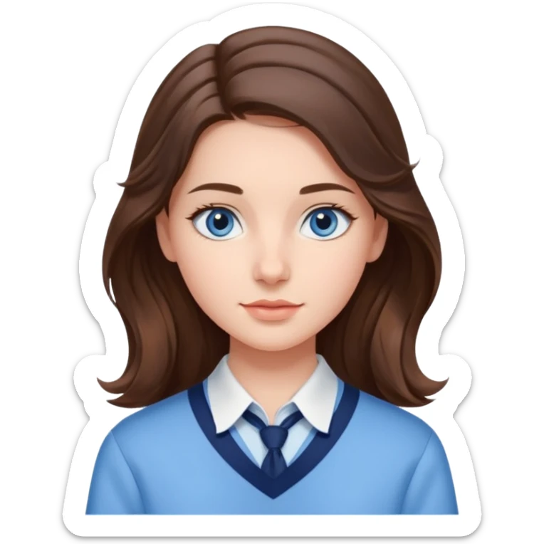 Realistic Student Portrait, with porcelain-like skin featuring a natural rosy flush, iHer Brunette Half-Up Style for Straight  hair flows in soft, Her deep blue eyes radiate warmth and innocence,  wear light blue preppy style. sticker