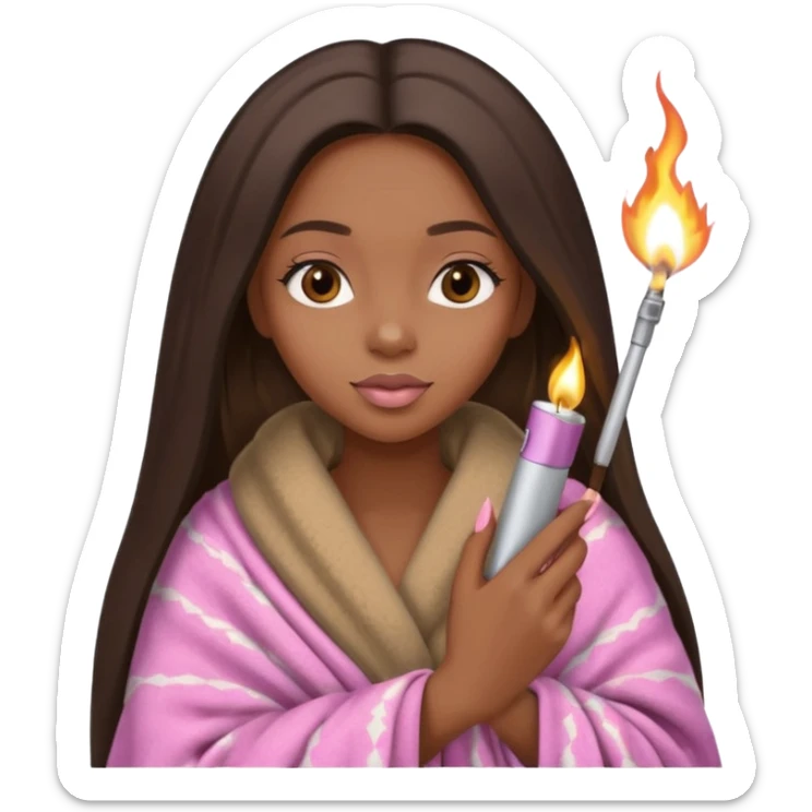 Curvy, light brown long hair, pretty black girl light pink lipgloss wrapped in blanket holding a lighter and blunt sticker