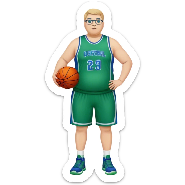 full body overweight tall white male basketball wearing glasses in blue an green uniform sticker
