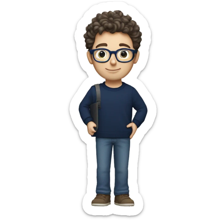 caucasian white boy with dark wavy  hair, blue glasses, and carrying design paper plan because he is an architect carrying a pencil and a set model maquette. wearing a navy blue long sleeve sweater shirt. smart.  sticker