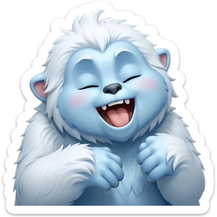 Cinematic Cute Yawning Yeti Portrait Emoji, with a charming, fluffy, snow-dusted figure in gentle whites and cool blues, head tilting back in a wide, endearing yawn with softly closed, peaceful eyes and a content little smile, simplified yet irresistibly adorable, highly detailed with a soft, frosty glow and outline capturing the serene slumber of a yeti! sticker