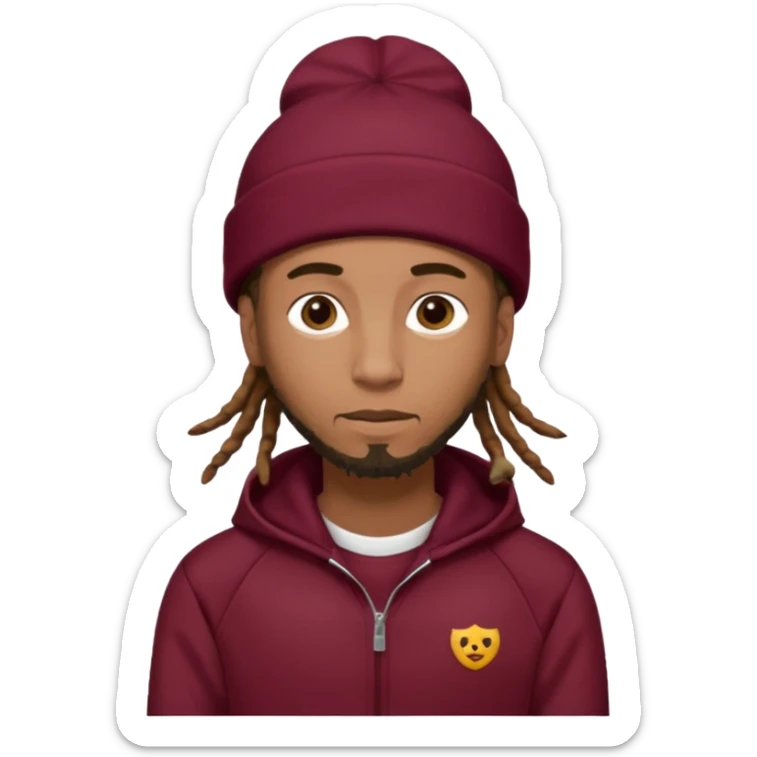 Animate a caramel skinned male with brown dreads and a tan beanie with a burgundy tracksuit on with no beard  sticker