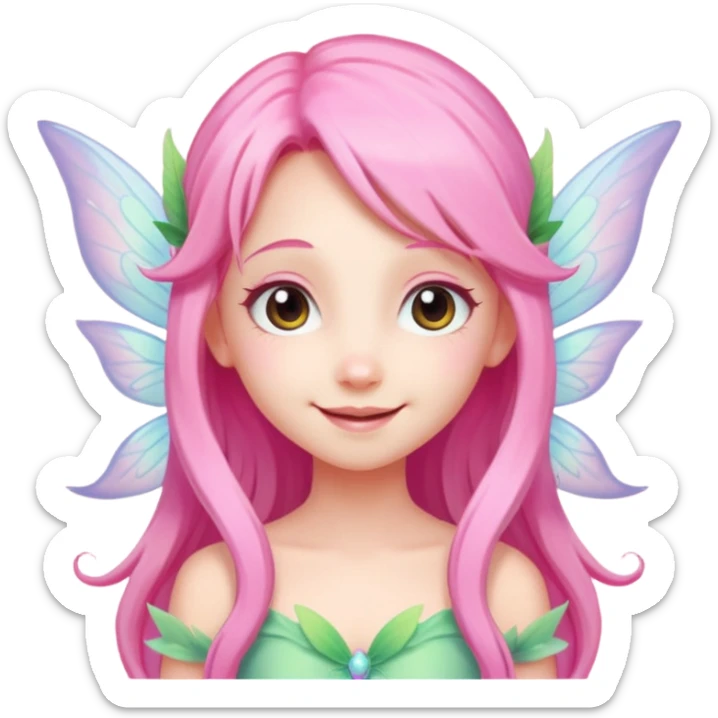A tiny pastel fairy with pink long hair with glowing wings and a sweet smile  sticker