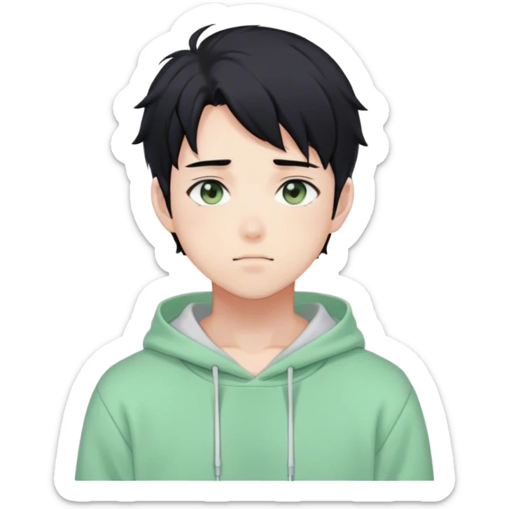 Gorgeous pastel green sweater black hair anime style shojo guy with blushing face and, hoodie, aesthetic, young adult, trending style, outside, vedal987 sticker