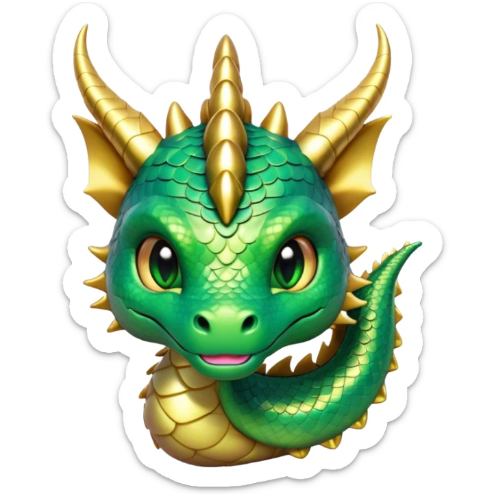 Cinematic Cute Dragon Portrait Emoji, Head tilted playfully and inquisitively, featuring a sleek, serpentine form adorned with iridescent scales that shift between emerald and gold, a delicate set of subtle horns, and round, sparkling eyes full of curious magic; rendered with realistic detail and warm natural light, high shine, affectionate and enchanting, styled with a touch of whimsical fantasy, soft glowing outline, capturing the essence of a mischievous yet lovable dragon that seems poised to slither playfully into your arms! sticker