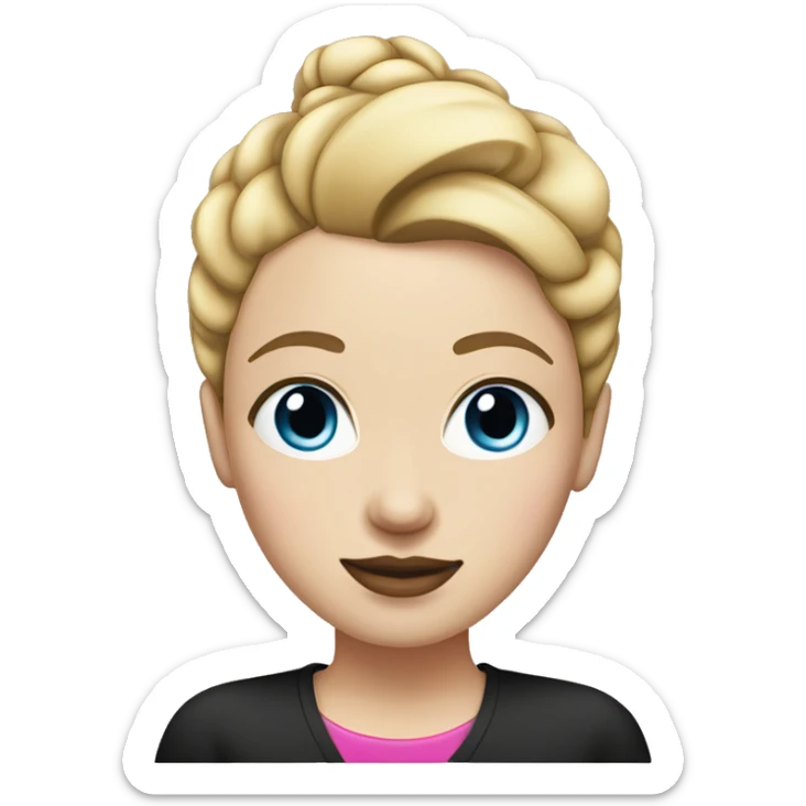 a woman with freckles, blue eyes, light skin, blonde straight hair with a bun, pink lips. black shirt. sticker
